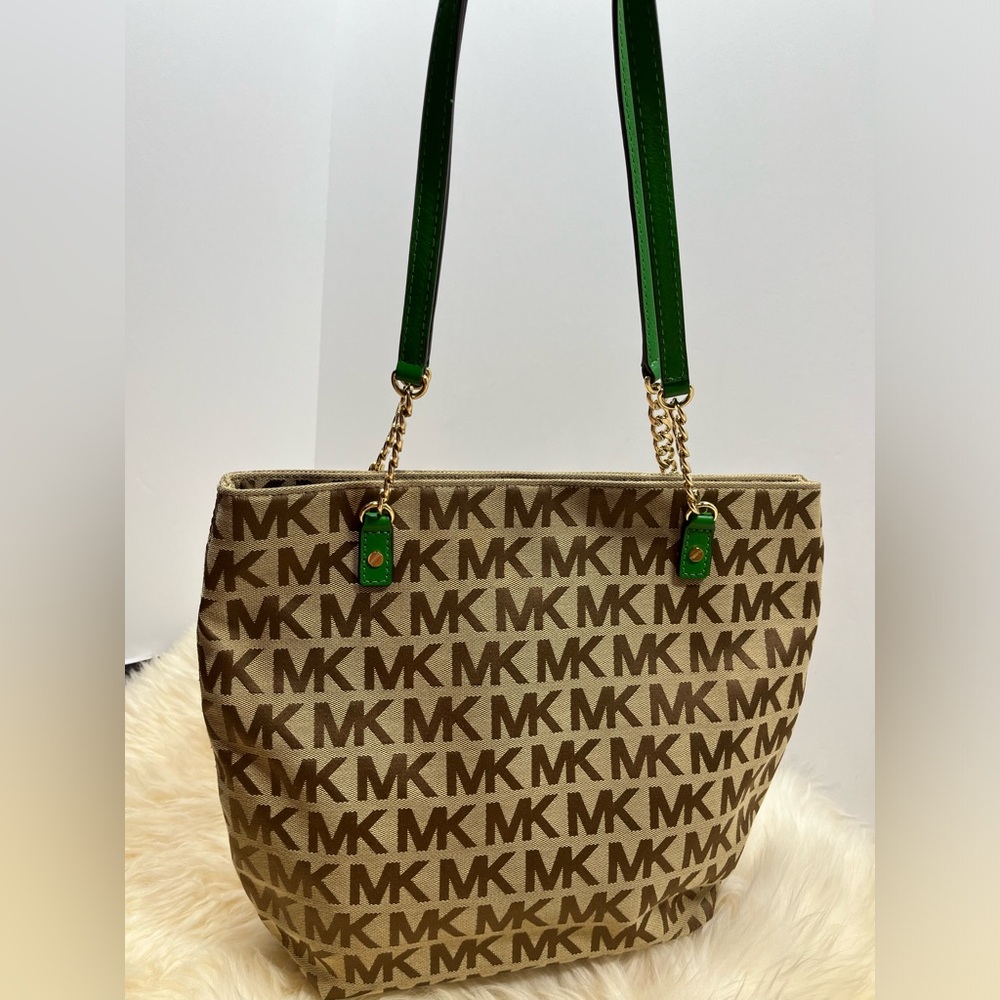 Michael Michael Kors Monogram Canvas Tote Emerald Green Chain and Leather Straps - Picture 8 of 13